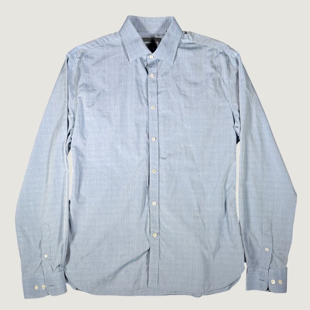 John Varvatos Slim Fit Blue Grid Dobby Shirt Mens 16.5 Made in Italy